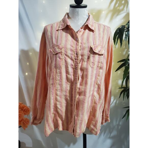 Chicos Vtg Linen Striped Snap Shirt Womens Size 3 US XL 16 Beach Sunset Orange - Picture 1 of 10